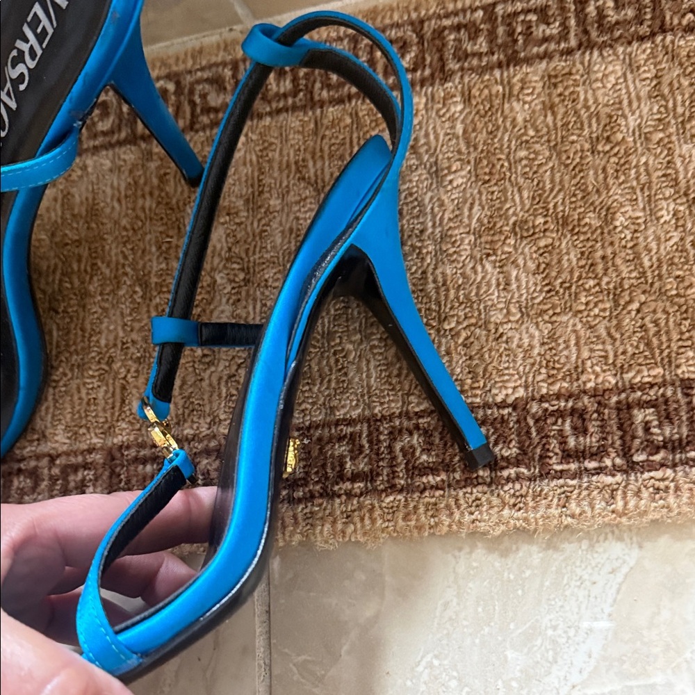 Versace Bright Turquoise Satin Slingback Heels with Gold Medusa - Picture 7 of 16
